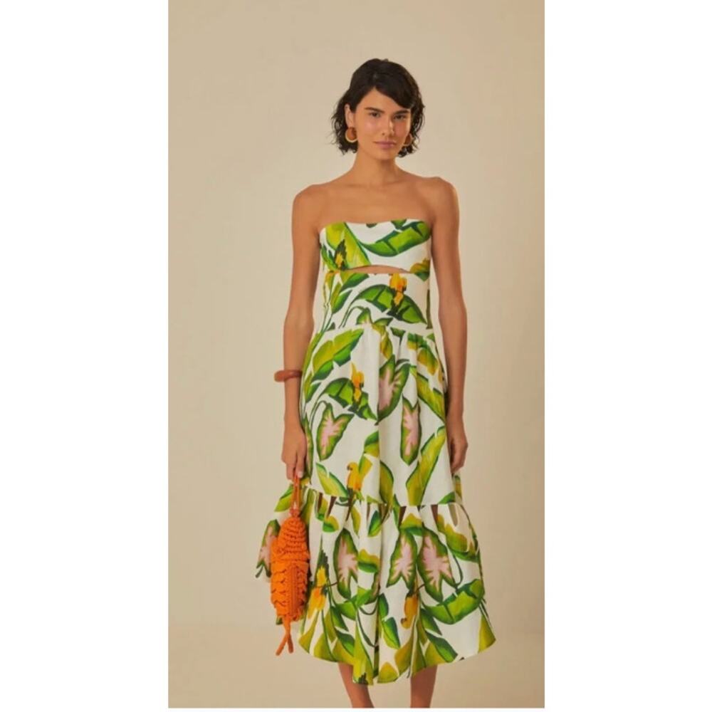 Farm Rio NEW Summer Foliage Off-White Strapless Linen Midi Dress, Small